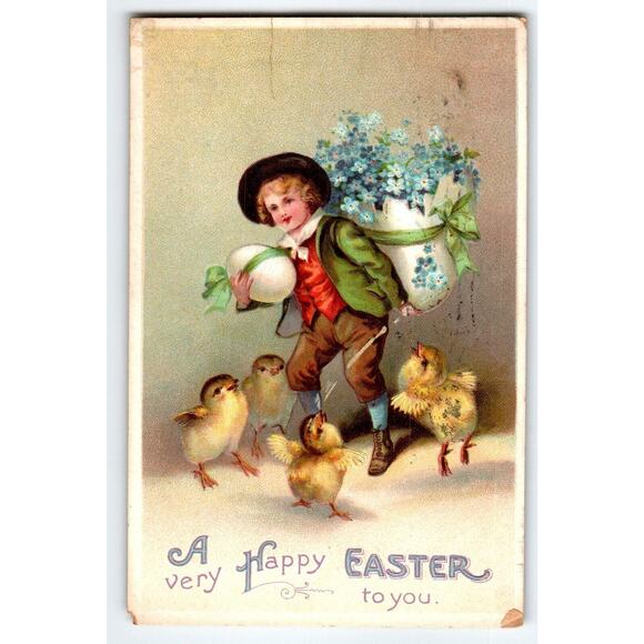 Easter Postcard Ellen Clapsaddle Boy Baby Chicks Egg Shell Flower Basket 1910 - Picture 1 of 2